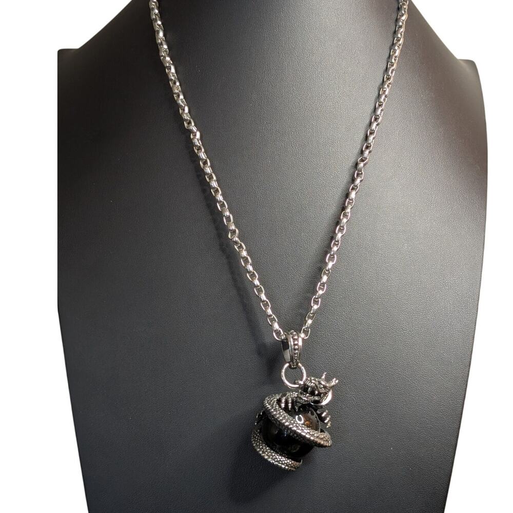 Dragon Obsidian Pendant On Heavy Silver Tone Rolo Link Chain 22" Necklace